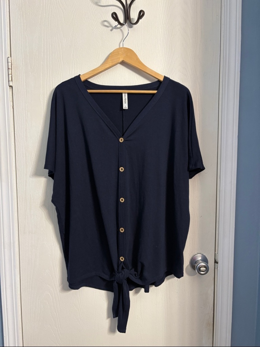 Zenana Navy V-Neck Button Front Tie-Hem Top